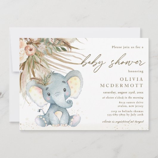 Boho Pampas Grass Neutral Elephant Baby shower Kaart (Voorkant)