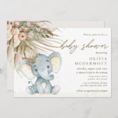 Boho Pampas Grass Neutral Elephant Baby shower Kaart (Voorkant / Achterkant)