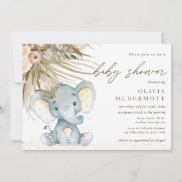 Boho Pampas Grass Neutral Elephant Baby shower Kaart