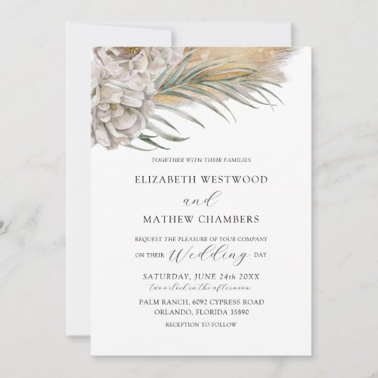 Boho Pampas Grass & Neutral Floral Wedding Kaart (Voorkant)