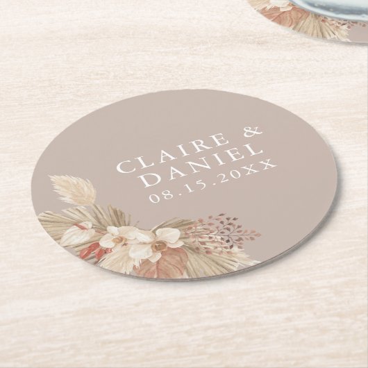 Boho Pampas Grass Neutrals Wedding Ronde Kartonnen Onderzetter (Gebogen)