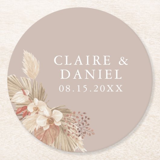 Boho Pampas Grass Neutrals Wedding Ronde Kartonnen Onderzetter (Voorkant)