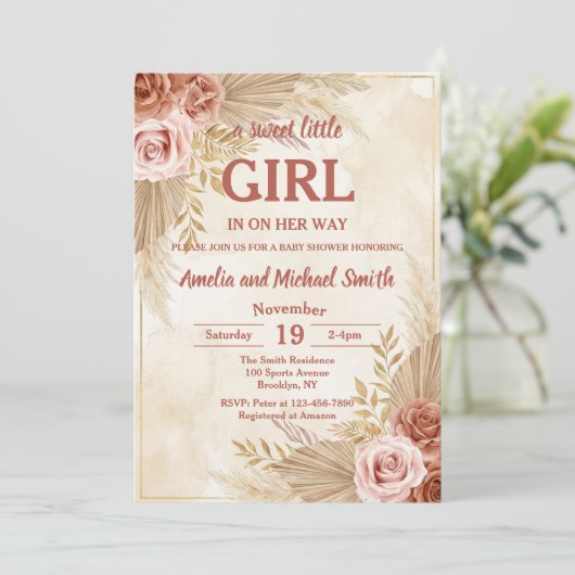 Boho Pampas Grass Oh Girl Baby Shower Kaart (Staand voorkant)