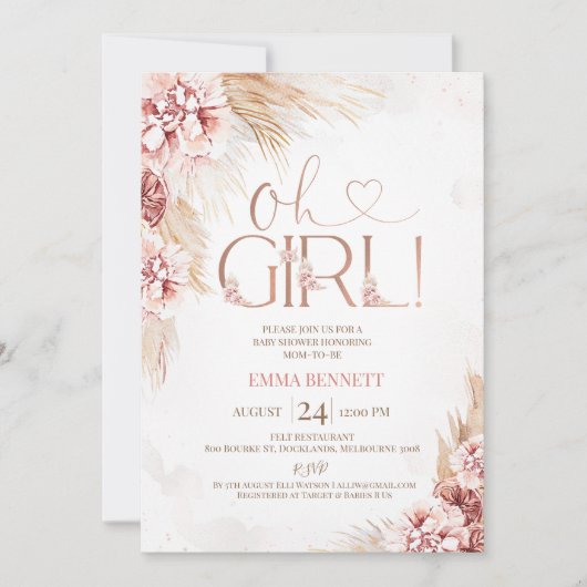 Boho Pampas Grass Oh Girl Baby shower Kaart (Voorkant)