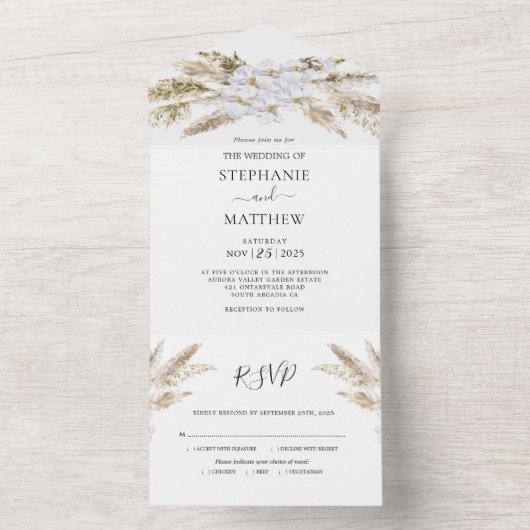 Boho Pampas Grass Orchid Botanical Wedding All In One Uitnodiging (Binnen)