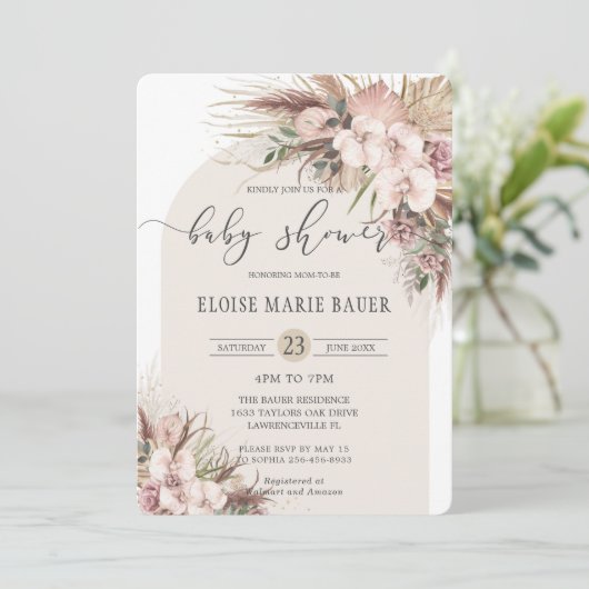 Boho Pampas Grass Orchid Floral Baby shower Kaart (Staand voorkant)