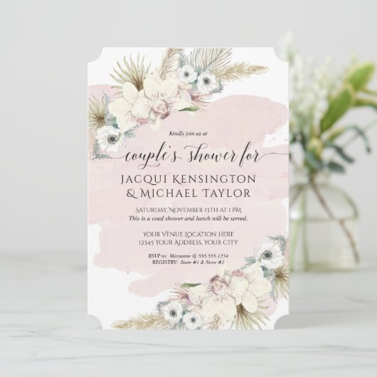Boho Pampas Grass Orchid Floral Couples Shower Kaart (Staand voorkant)