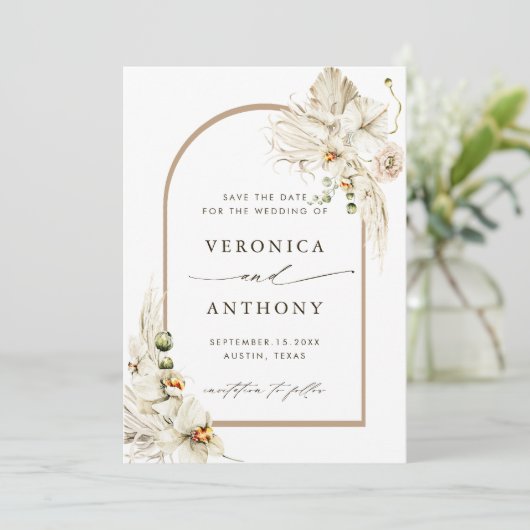Boho Pampas Grass Orchid Floral Wedding Foto Save The Date (Staand voorkant)