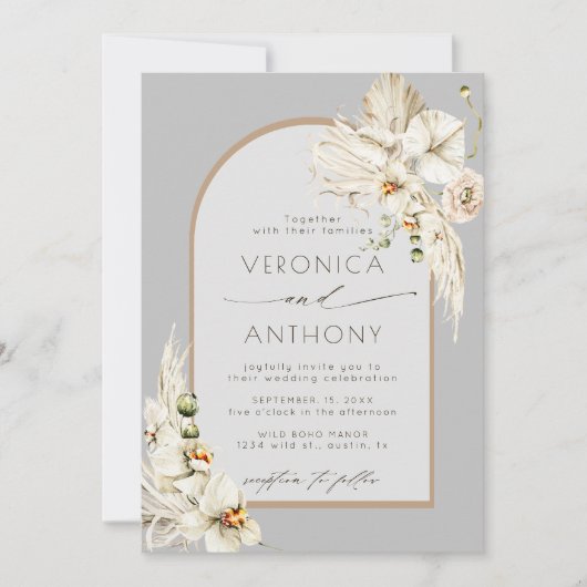 Boho Pampas Grass Orchid Floral Wedding Grey Kaart (Voorkant)