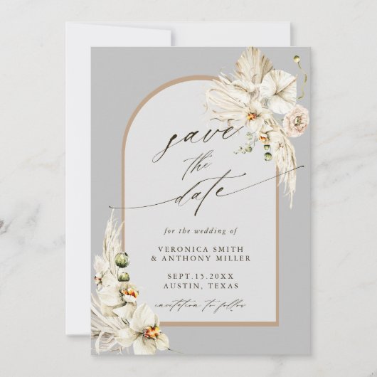 Boho Pampas Grass Orchid Gray Weduwfoto Save The Date (Voorkant)