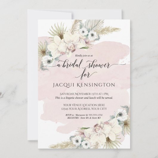 Boho Pampas Grass Orchidee Blush Bloemen Huwelijk Kaart (Voorkant)