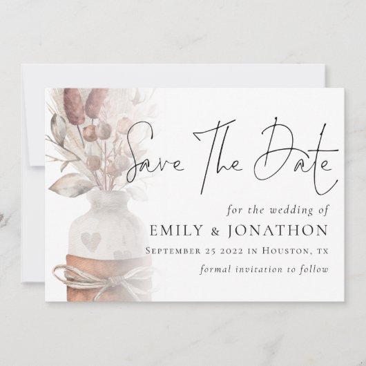 Boho Pampas Grass Overlay QR Code Weddenschap Save The Date (Voorkant)
