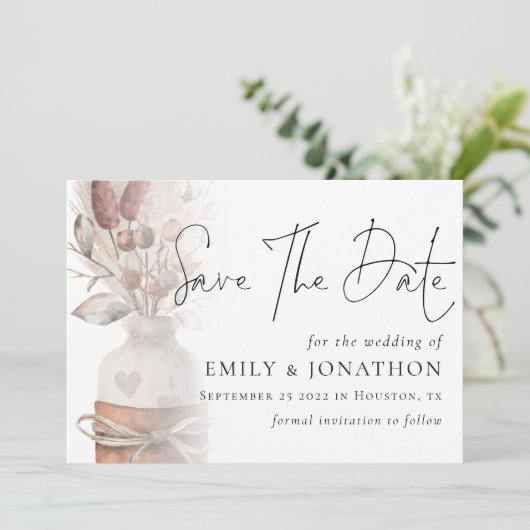Boho Pampas Grass Overlay QR Code Weddenschap Save The Date (Staand voorkant)