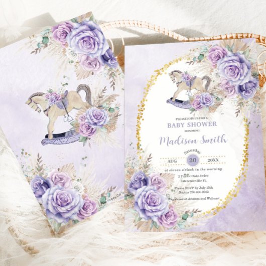 Boho Pampas Grass Paarse Bloemen Rocking Horse Bab Kaart