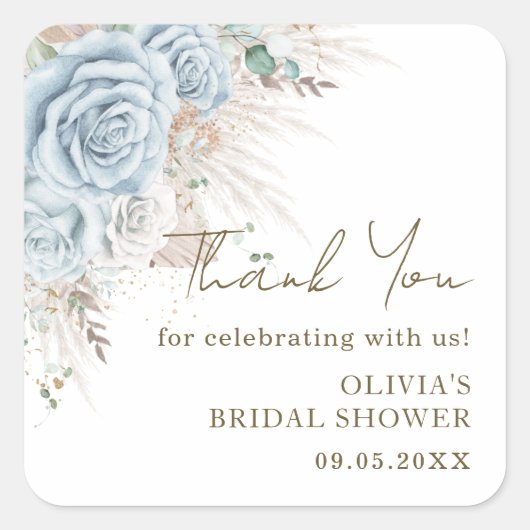 Boho Pampas Grass Pastel Blue Floral Vrijgezellenf Vierkante Sticker (Voorkant)