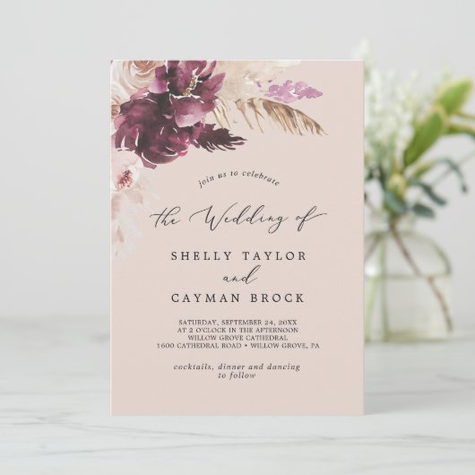 Boho Pampas Grass | Peach Monogram back Weddenscha Kaart (Staand voorkant)