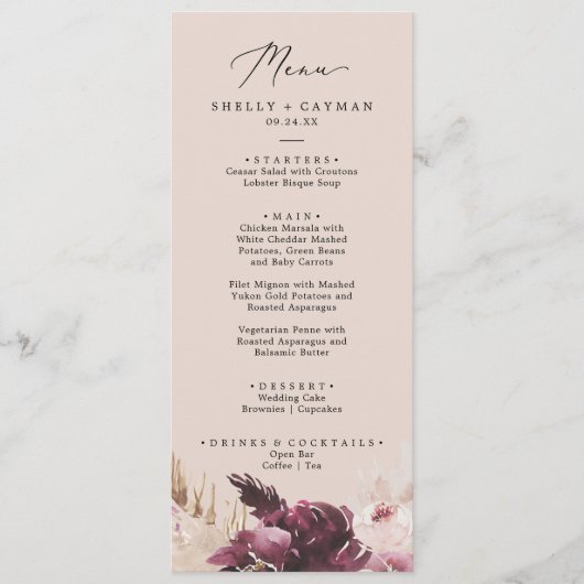 Boho Pampas Grass | Peach Weddenrenmenu Menu (Voorkant)