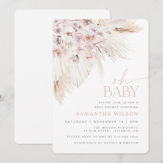 Boho Pampas Grass Pink Baby shower Kaart (Voorkant / Achterkant)