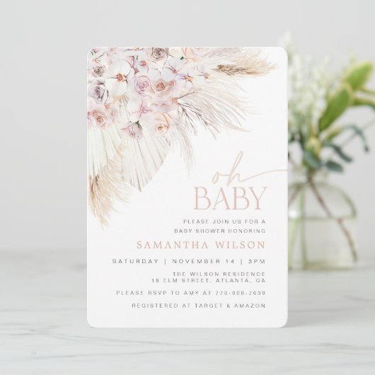 Boho Pampas Grass Pink Baby shower Kaart (Staand voorkant)