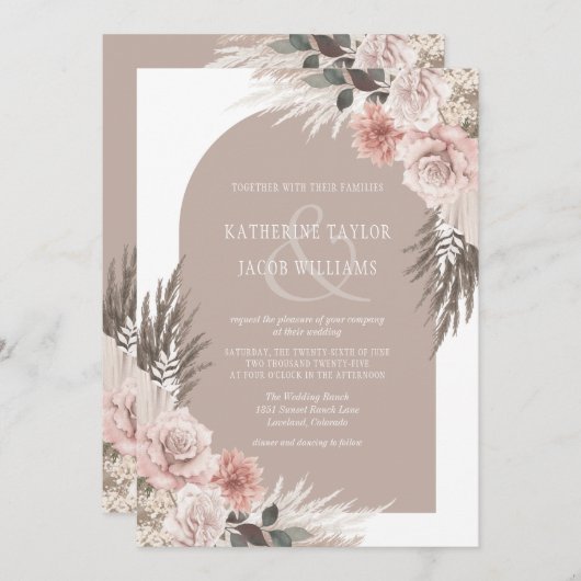 Boho Pampas Grass Pink Floral Wedding Kaart (Voorkant / Achterkant)
