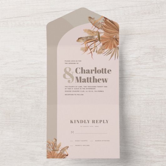 Boho Pampas Grass Pink Wedding All In One Uitnodiging (Binnen)