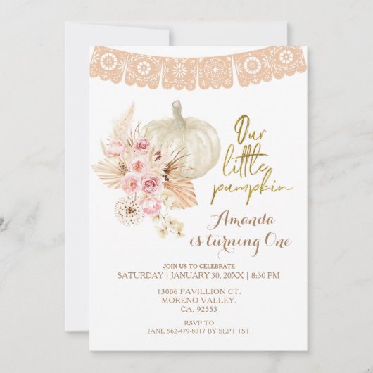 Boho Pampas Grass Pumpkin 1st Birthday Uitnodiging (Voorkant)