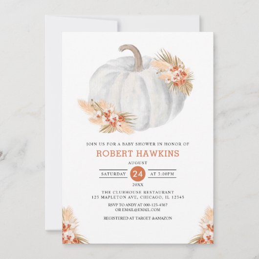 Boho Pampas Grass Pumpkin Baby shower Kaart (Voorkant)