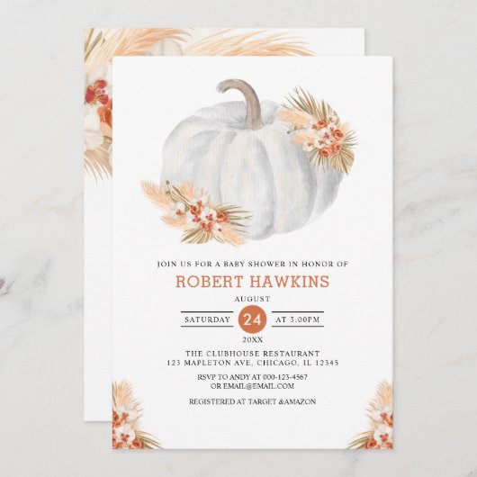 Boho Pampas Grass Pumpkin Baby shower Kaart (Voorkant / Achterkant)