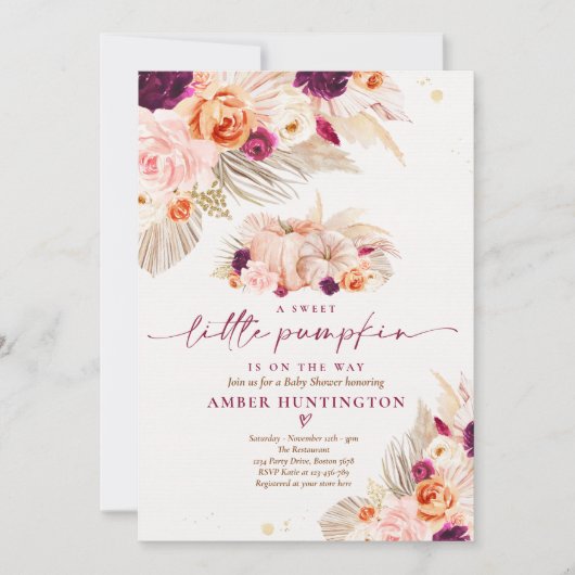 Boho Pampas Grass Pumpkin Burgundy Baby shower Kaart (Voorkant)