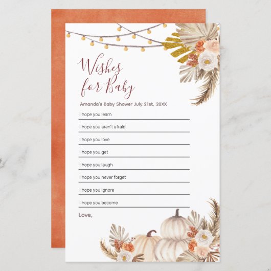 Boho Pampas Grass Pumpkin wenst Baby (Voorkant / Achterkant)