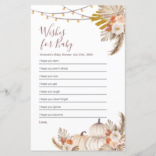 Boho Pampas Grass Pumpkin wenst Baby (Voorkant)