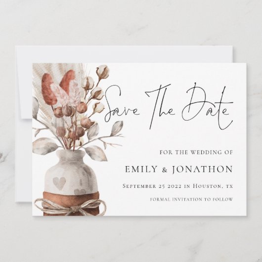 Boho Pampas Grass QR Code Weddenschap Save The Date (Voorkant)