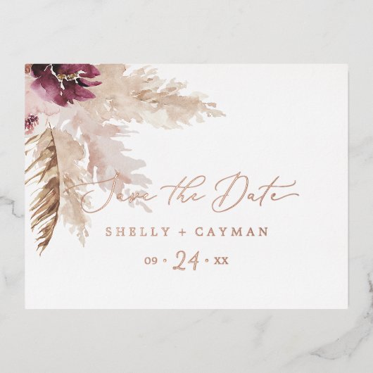 Boho Pampas Grass | Roos Gold Foil Save the Date Folie Uitnodiging Briefkaart (Voorkant)