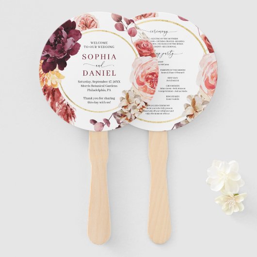 Boho Pampas Grass Round Gold Wedding Program Fan Handwaaier (Voorkant en achterkant)