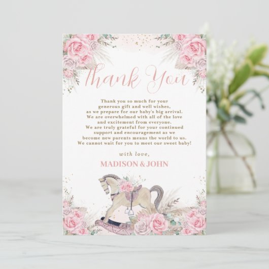 Boho Pampas Grass Roze Bloemen Rocking Horse Baby Bedankkaart (Staand voorkant)