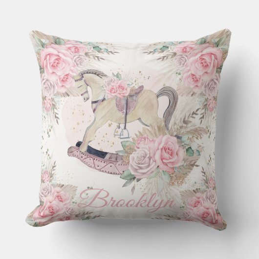 Boho Pampas Grass Roze Bloemen Rocking Paard Kussen (Voorkant)