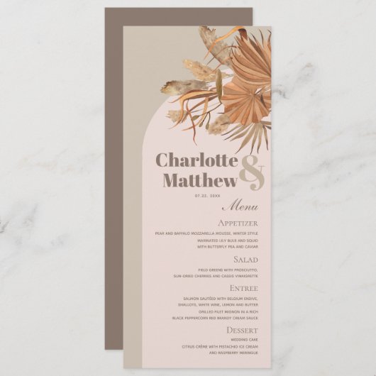 Boho Pampas Grass Roze Bruin Bruiloft Menu Kaart (Voorkant / Achterkant)