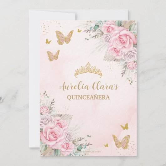 Boho Pampas Grass Roze Rozen Bloemen Quinceañera Kaart (Achterkant)