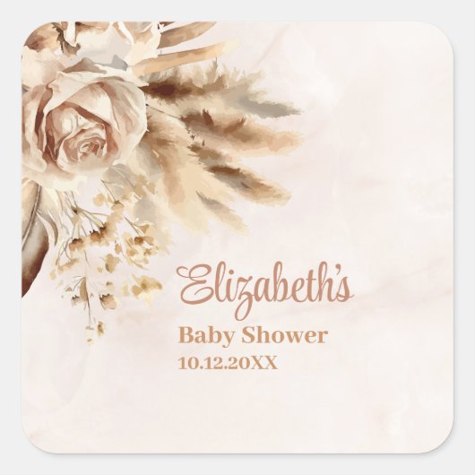 Boho Pampas Grass Rozen Baby shower Vierkante Sticker (Voorkant)