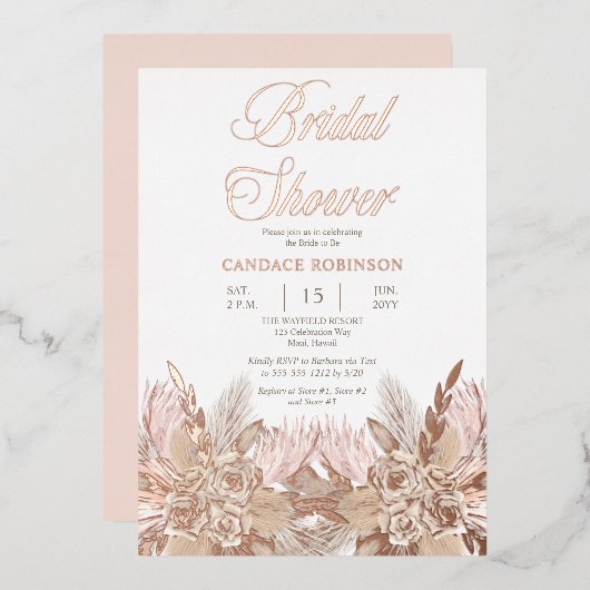 Boho Pampas Grass | Rozen Roze Vrijgezellenfeest Folie Uitnodiging (Voorkant / Achterkant)