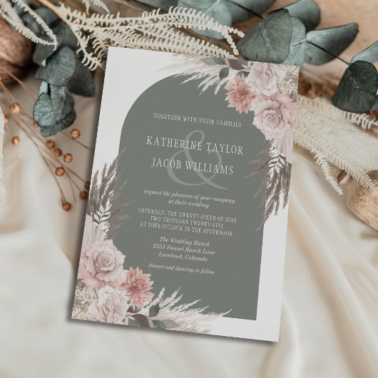 Boho Pampas Grass Sage Green Floral Wedding Kaart