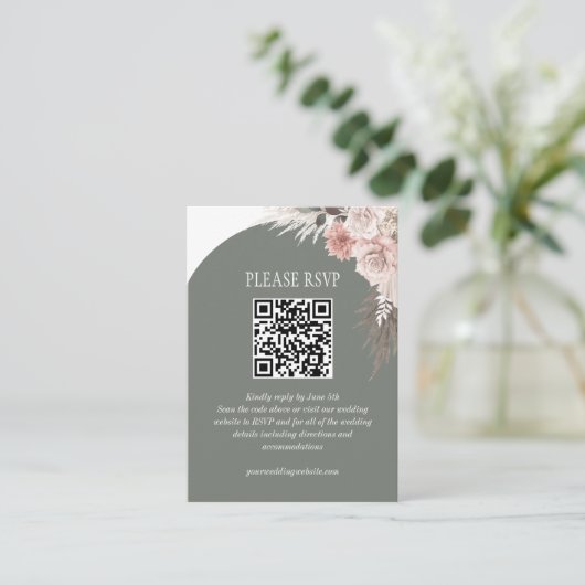 Boho Pampas Grass Sage Wedding Website QR Code Informatiekaartje (Staand voorkant)