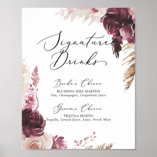 Boho Pampas Grass Signature Drink Sign Poster (Voorkant)