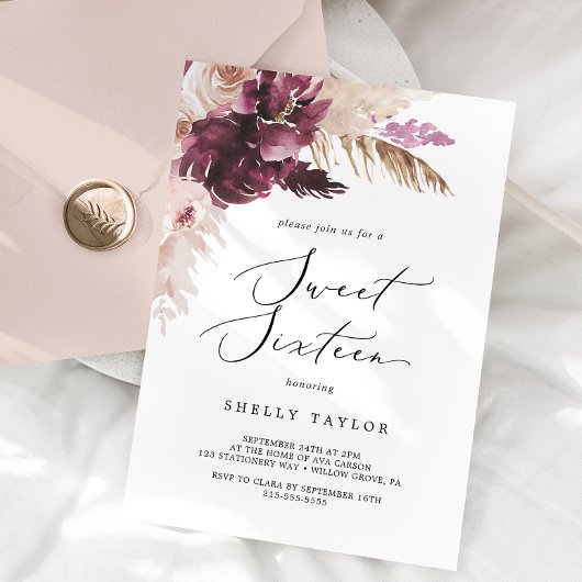 Boho Pampas Grass Sweet Sixteen Birthday Kaart