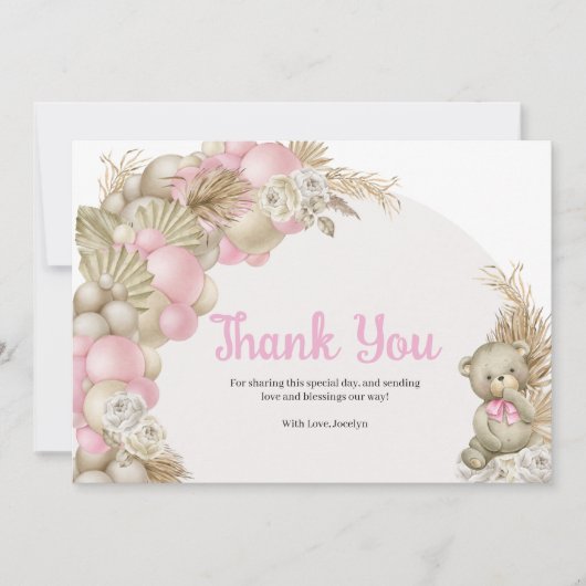 Boho Pampas Grass Teddy Bear Baby shower Bedankkaart (Voorkant)