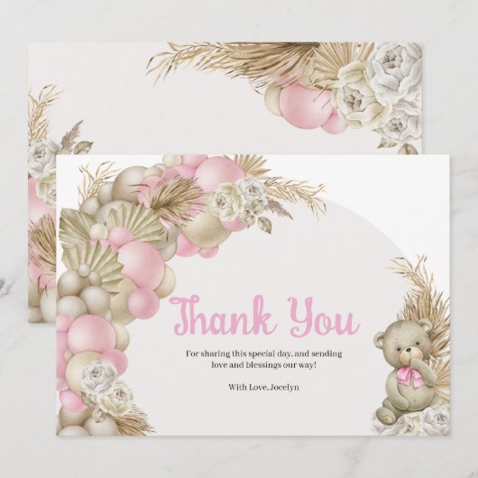 Boho Pampas Grass Teddy Bear Baby shower Bedankkaart (Voorkant / Achterkant)