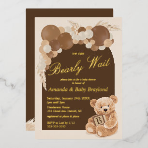 Boho Pampas Grass Teddy Bear Baby shower Folie Uitnodiging