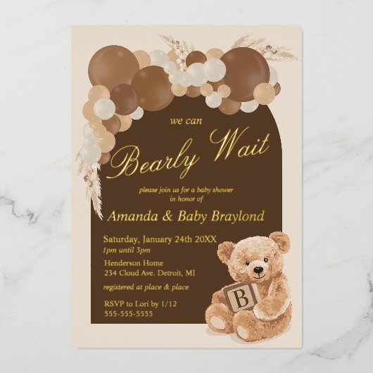 Boho Pampas Grass Teddy Bear Baby shower Folie Uitnodiging (Voorkant)