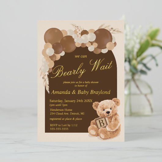 Boho Pampas Grass Teddy Bear Baby shower Folie Uitnodiging (Staand Voorkant)