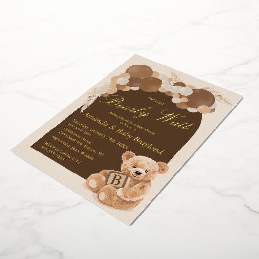 Boho Pampas Grass Teddy Bear Baby shower Folie Uitnodiging (Gedraaid)